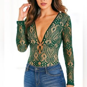 Venus Green Lace Overlay Deep V Top